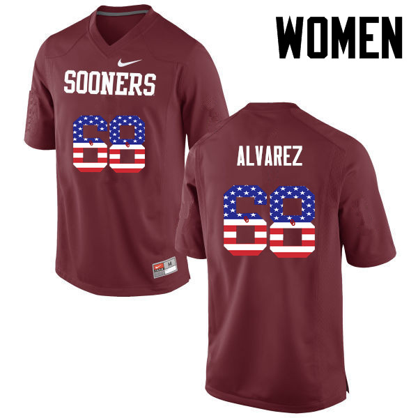 Women Oklahoma Sooners #68 Jonathan Alvarez College Football USA Flag Fashion Jerseys-Crimson